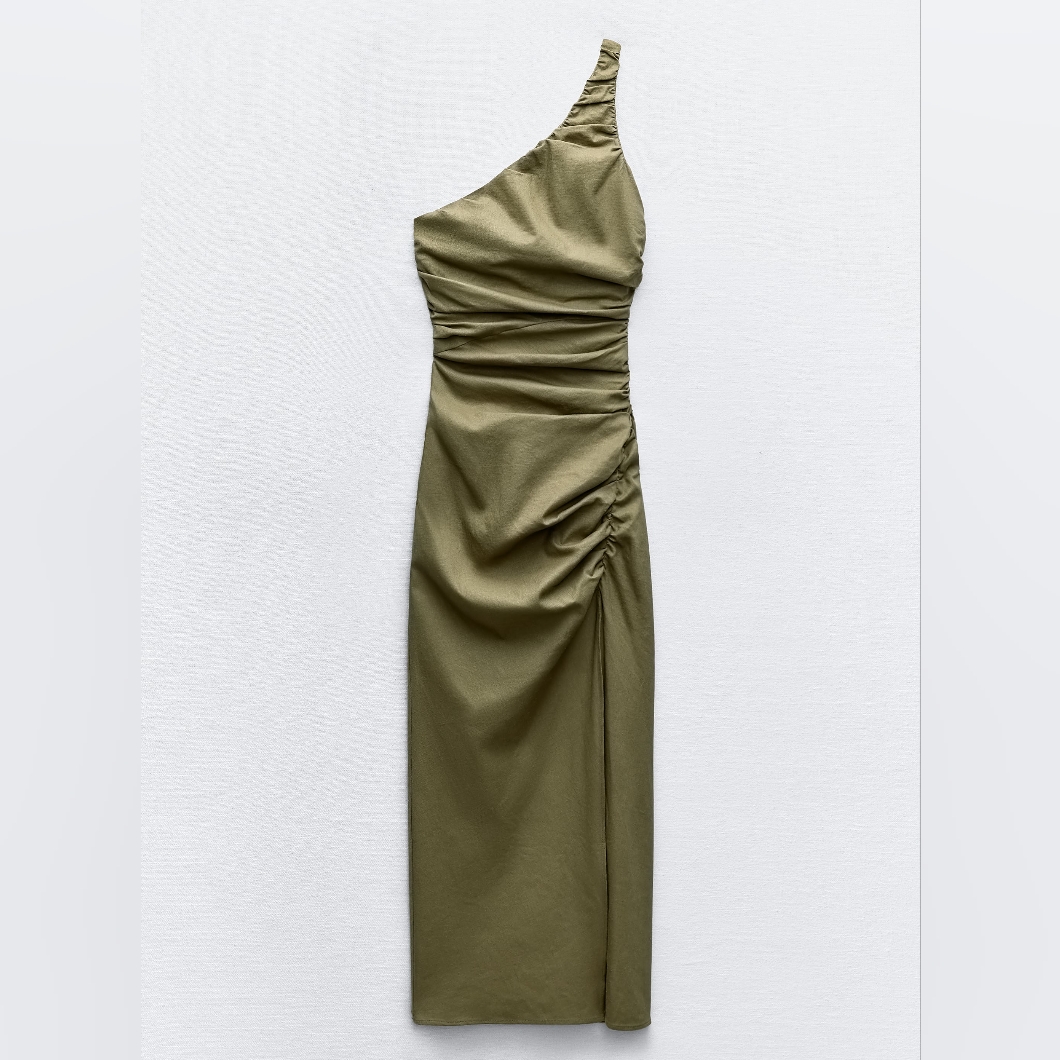 One-Shoulder Olive Green Ruched Midi Dress